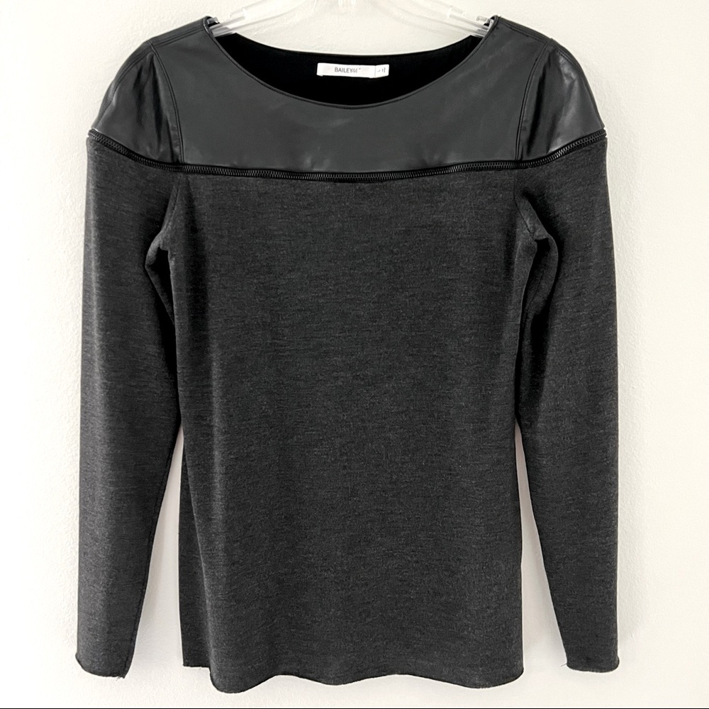 Bailey 44 Black Faux Leather Dark Gray Wool Blend Long Sleeve Sweater